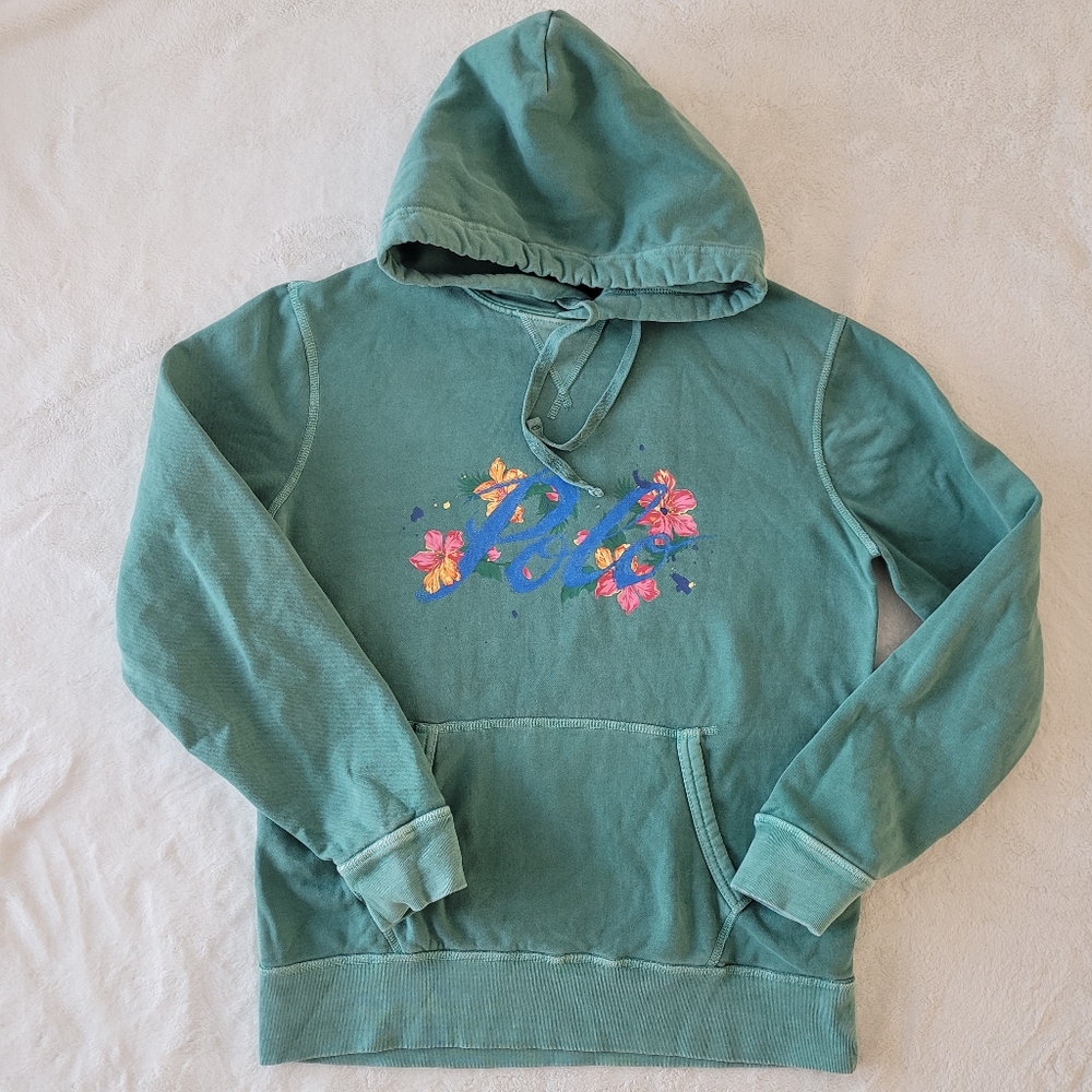 Polo Ralph Lauren Teal Floral Paint Aloha Logo Script Hoodie Sweater S Graphic